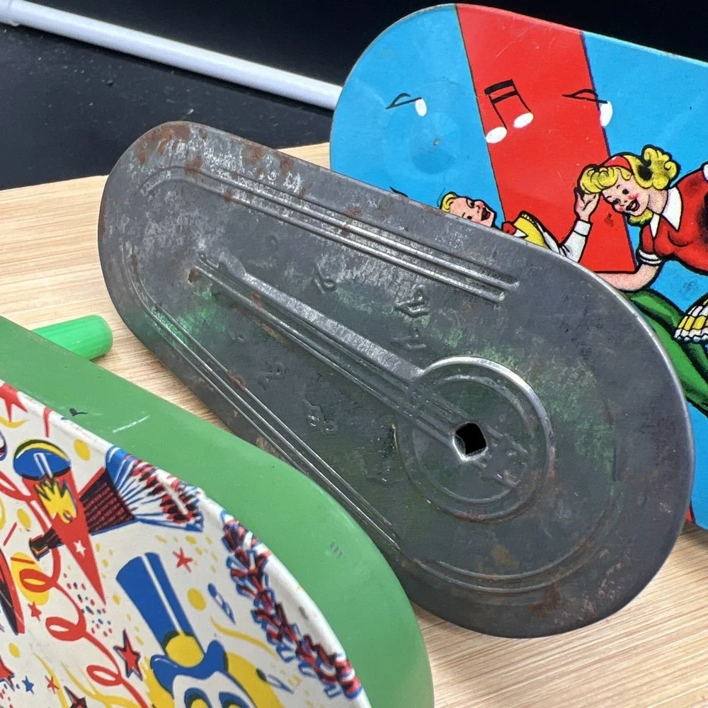 Set of 5 Vintage Metal Toy Noise Makers Tin Party New Years Eve